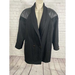 VTG Andrea Marin Black Two Button Wool Faux Leather Shoulders Peacoat Women’s 16